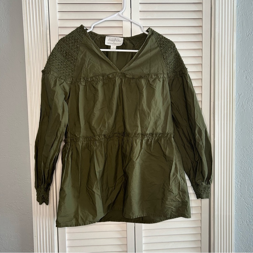 Mare Mare x Anthropologie Renee Smocked Tunic Blouse Olive Green Size Small